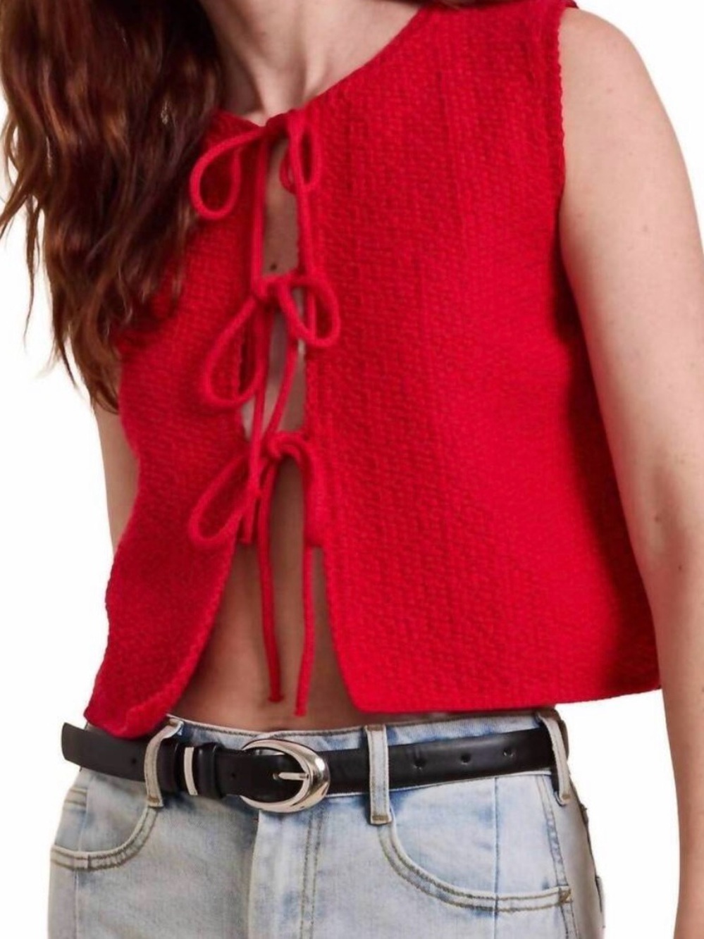 MIOU MUSE Red Love Me Know Tie Front Top Knit Sleeveless Women’s Regular Size L